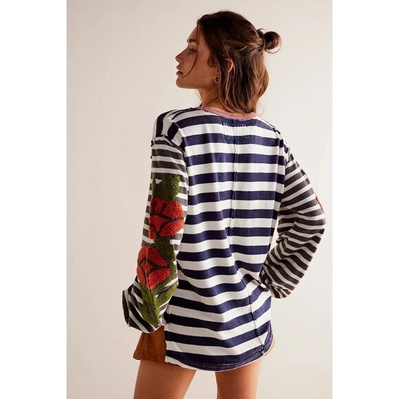 Free People We The Free Rose Stem Tee Tunic Top Embroidered Striped S NEW 283225 - Picture 4 of 8